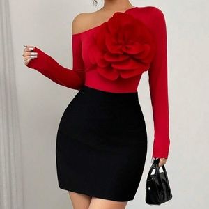 NWT Women's Off One Shoulder Oversized 3D Floral Rose Top Blouse